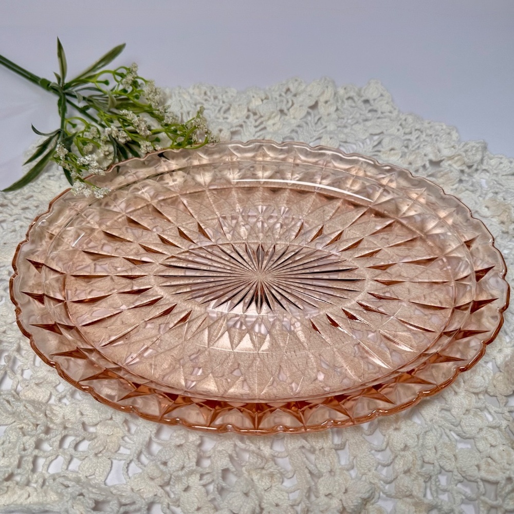 Vintage Pink Pressed Glass Oval Serving Platter | 11" x 8"